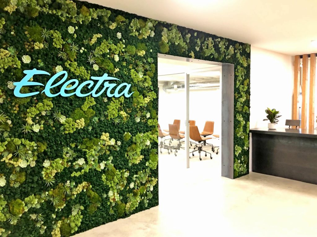 Preserved moss wall with custom blue acrylic logo