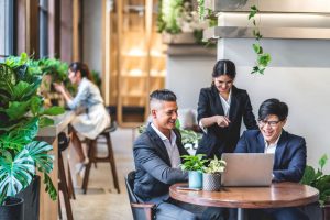 Team in office with plants - The Secret to Happy Employees and Financial Gain San Diego Plant Care Services